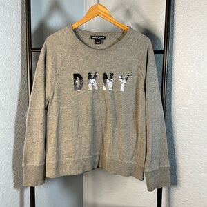 DKNY Heather Gray Sequin Logo Sweater women's size large